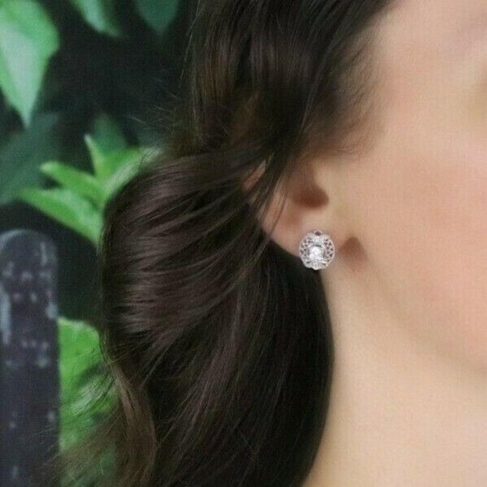 Sparkly Sterling Silver White Cz Earrings Stud Post Earrings - Picture 3 of 9